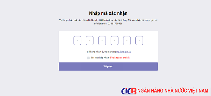 Nhập mã OTP để xác minh đăng ký tài khoản tra cứu CIC