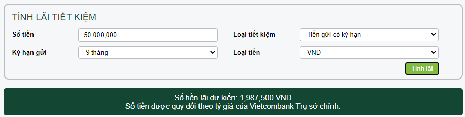 Cách tính lãi suất tiền gửi tiết kiệm ngân hàng Vietcombank