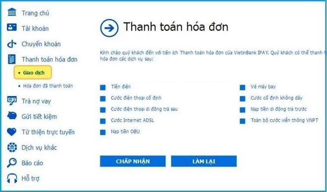 Thanh toán hóa đơn trên Vietinbank Ipay