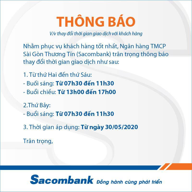 Ngân hàng Sacombank chính thức làm việc thứ 7 từ 30/5/2020