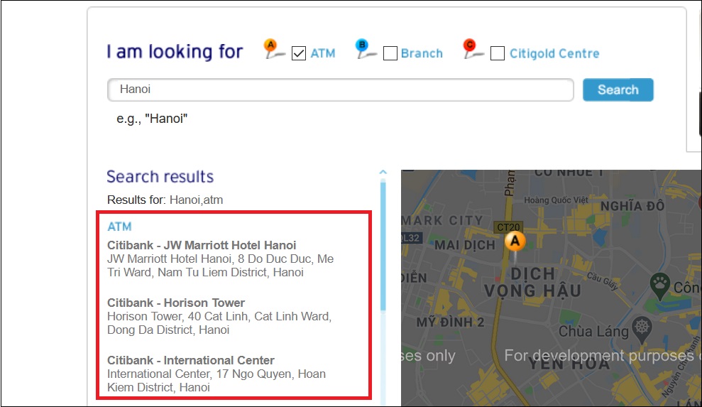 Hướng dẫn tra cứu chi nhánh, phòng giao dịch Citibank