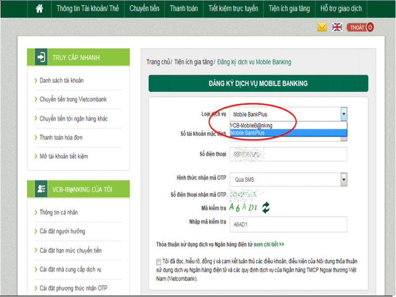 Đăng ký Bankplus Vietcombank Online