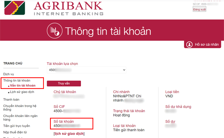 Kiểm tra số tài khoản Agribank qua Internet Banking