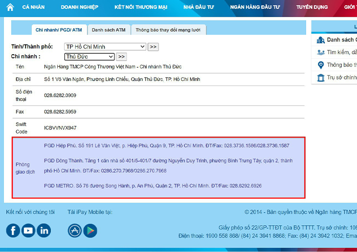 Tra cứu chi nhánh, phòng giao dịch ngân hàng Vietinbank