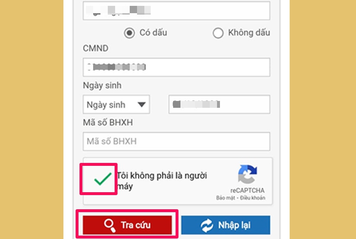 Nhấp chọn Tôi không phải người máy, rồi nhấn nút "Tra cứu"