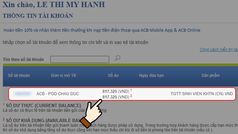 Tra cứu tài khoản ACB trên website