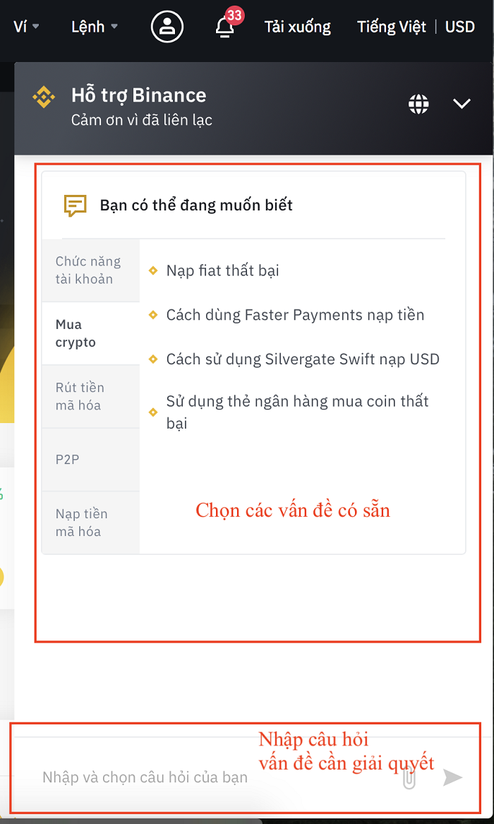 Gửi yêu cầu hỗ trợ sàn Binance