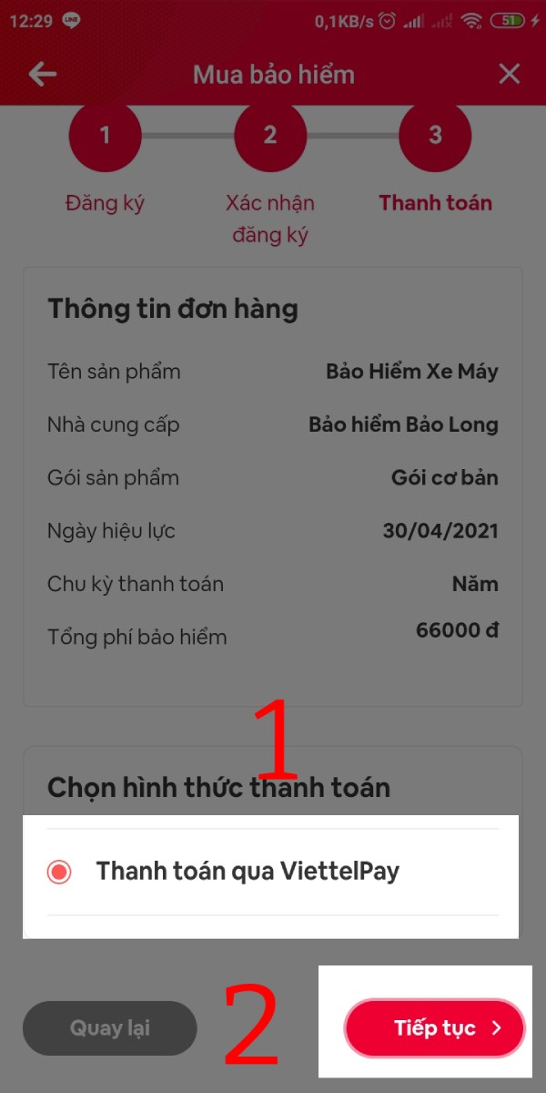 Mua bảo hiểm xe máy online trên ứng dụng ViettelPay