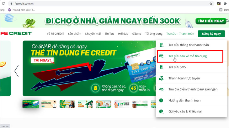 Sao kê thẻ tín dụng FE Credit trên website của FE Credit