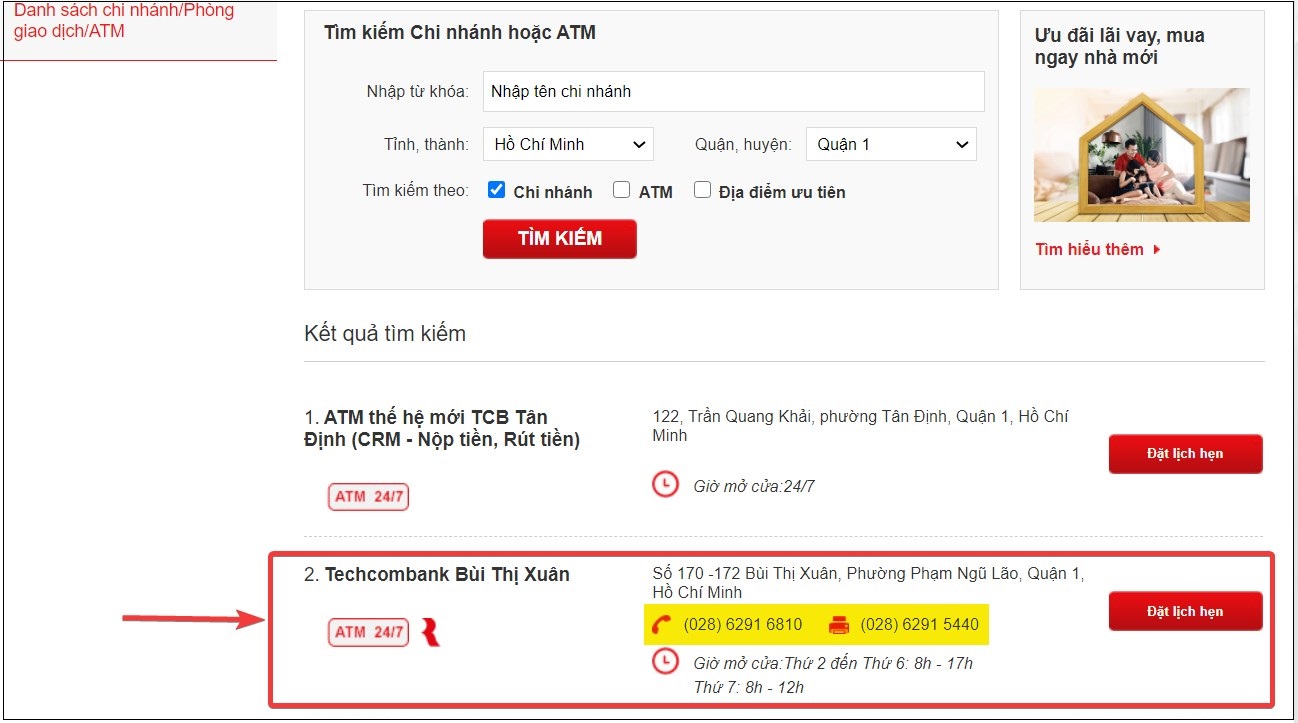 Tra Cứu Chi Nhánh, Phòng Giao Dịch Ngân Hàng Techcombank