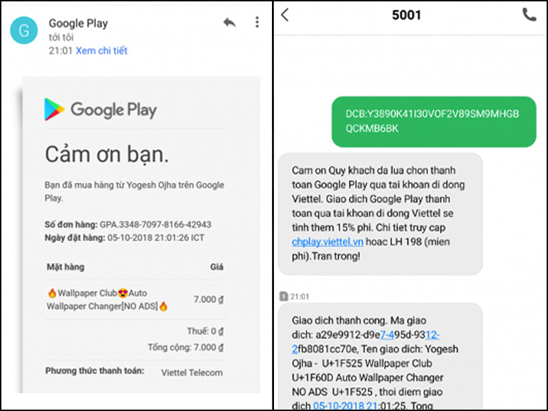 thanh toán Google Play bằng Viettel Telecom