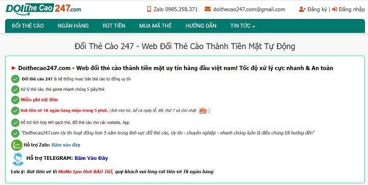 Doithecao247.com là website đổi thẻ cào thành tiền mặt uy tín