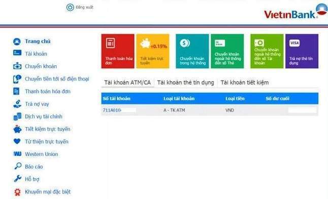 Tra cứu số dư tài khoản qua Internet Banking Vietinbank