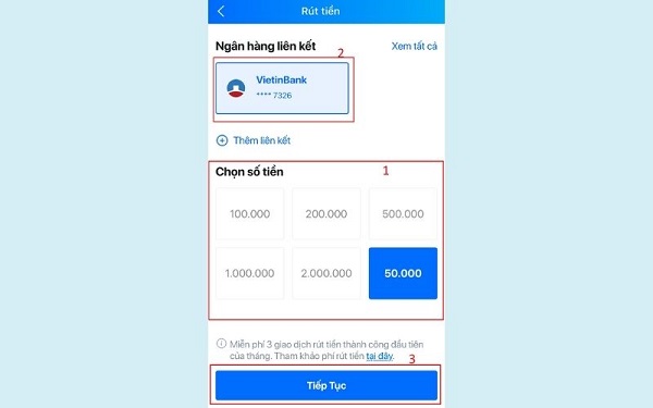 chọn số tiền muốn rút về