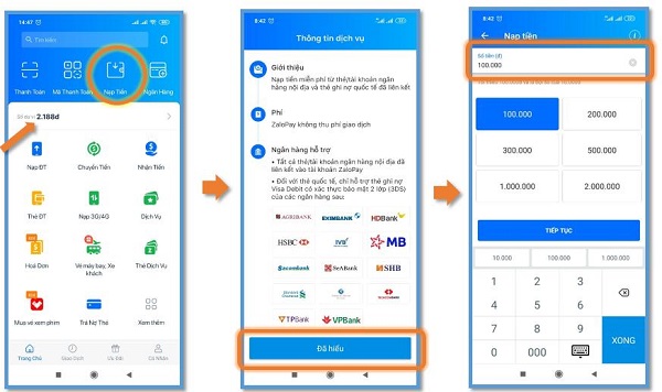 Nạp tiền trực tiếp trên App Zalo Pay