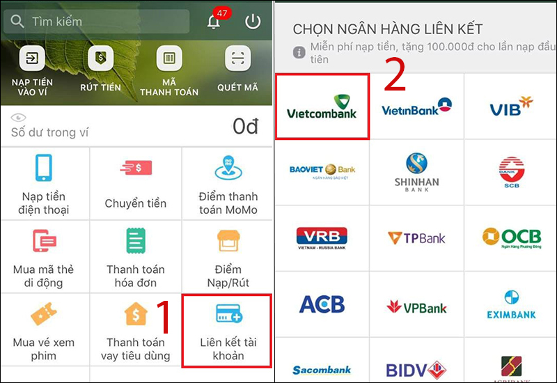 Liên kết Momo với ngân hàng Vietcombank