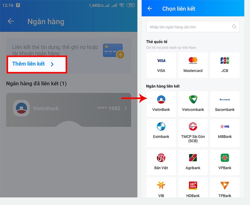 Chọn ngân hàng/thẻ quốc tế muốn liên kết