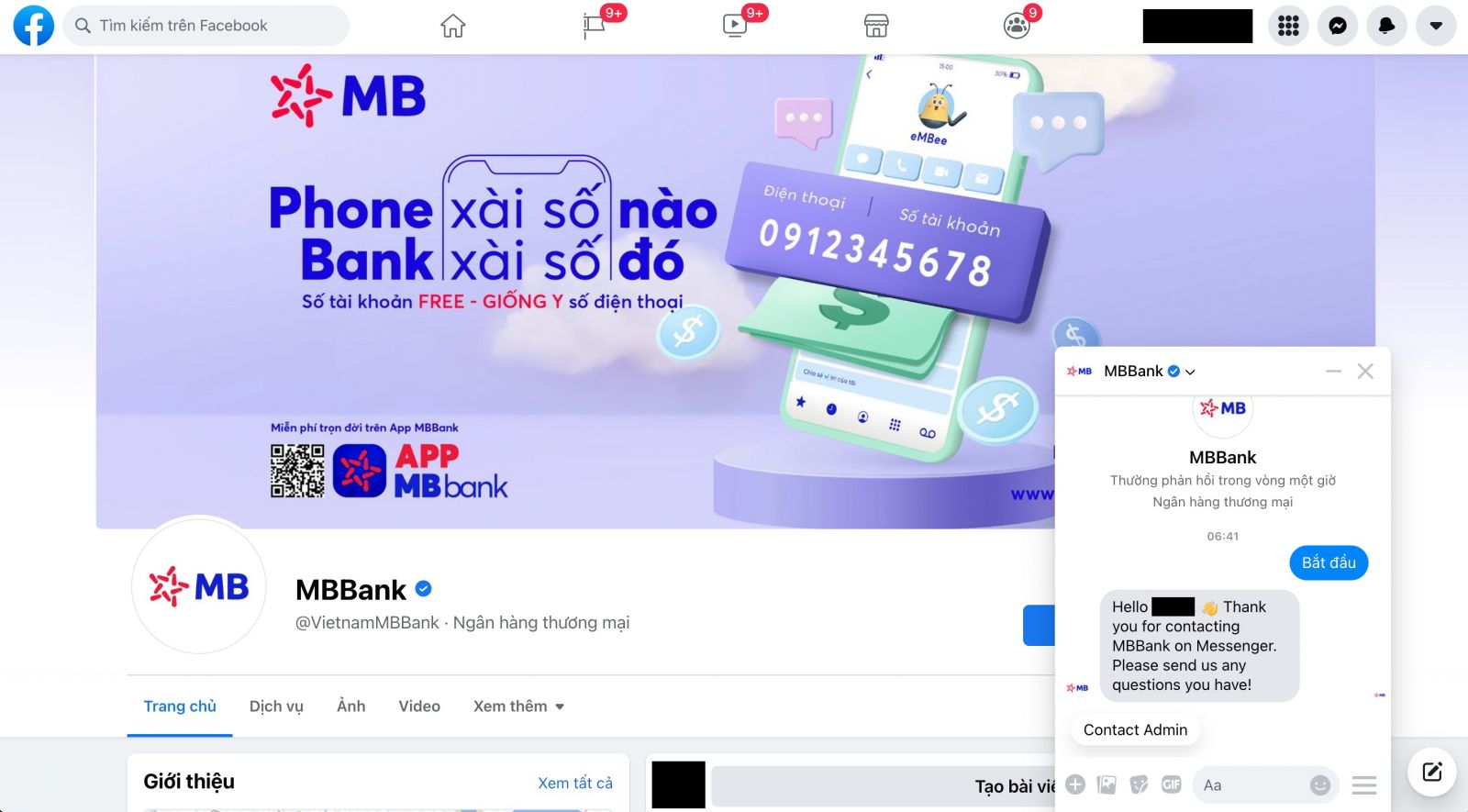 Liên hệ tổng đài Chăm sóc Khách hàng MBBank qua Facebook