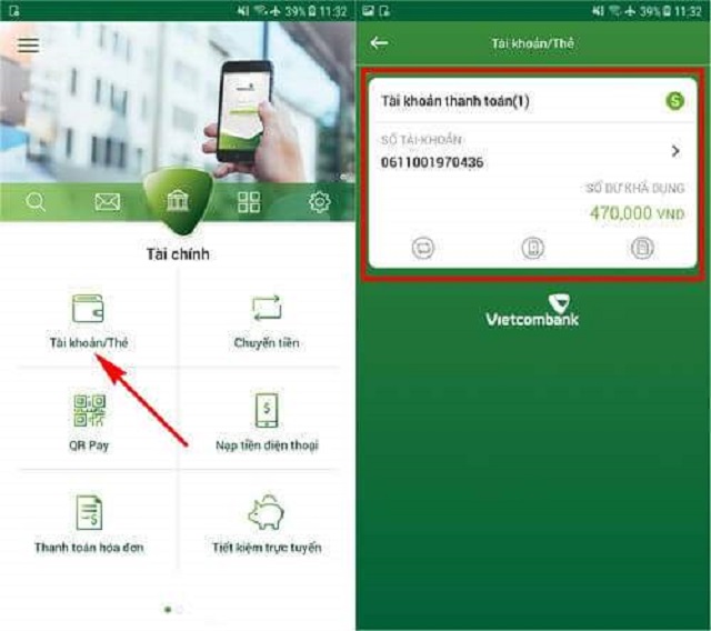 Số tài khoản Vietcombank được ghi ở đâu?