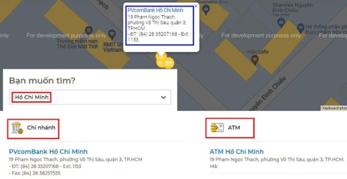 Giao diện tra cứu chi nhánh, PGD PVcombank gần nhất