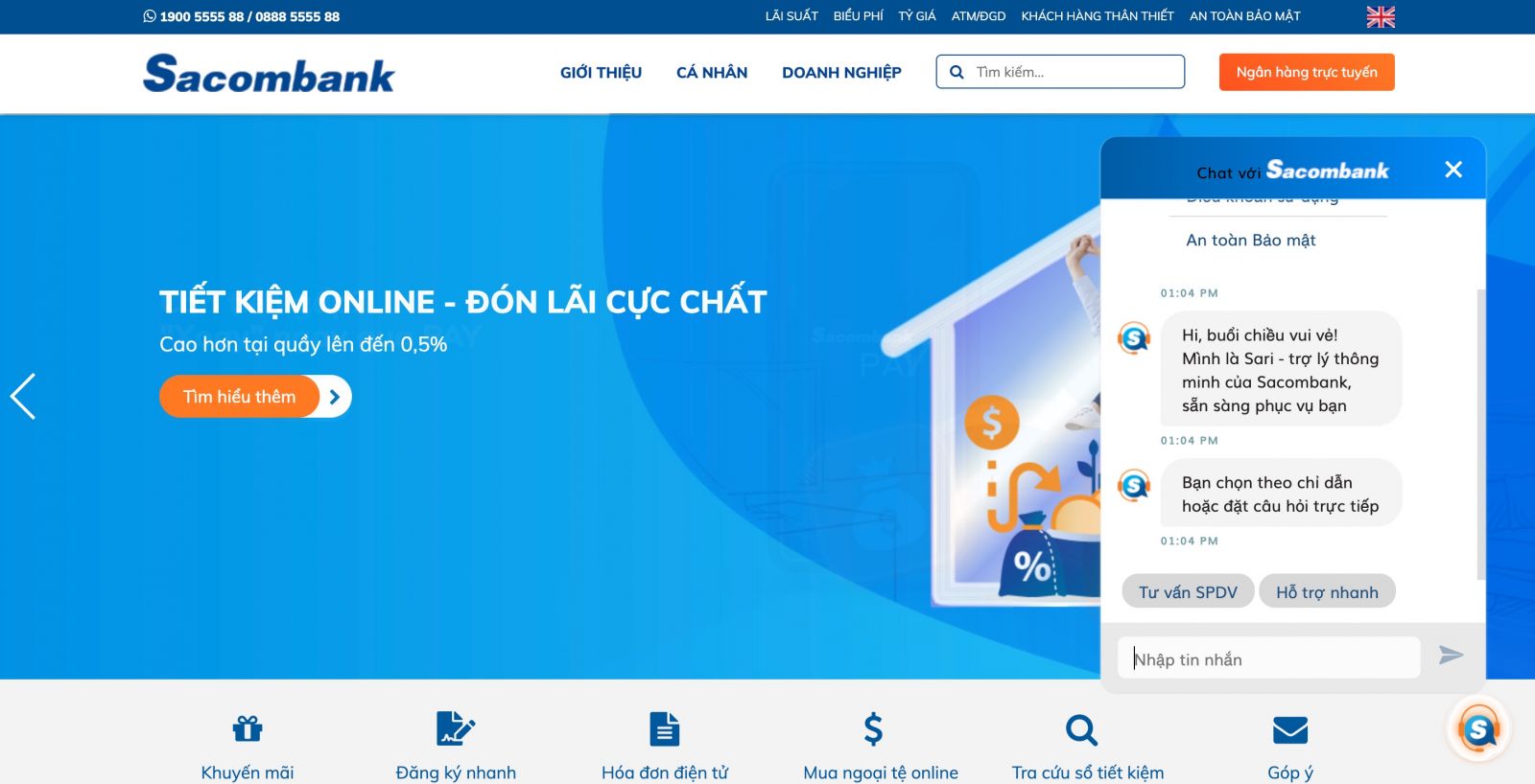 CSKH Sacombank qua Livechat trên Website