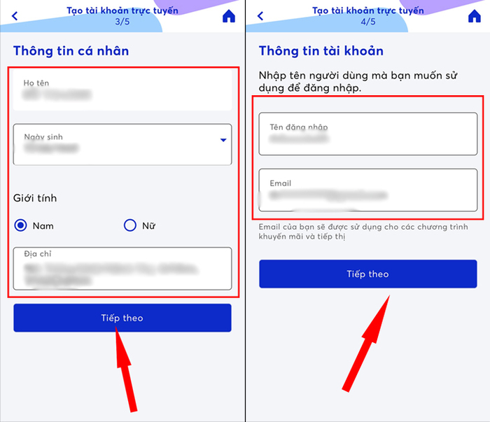 Nhập thông tin cá nhân và thông tin đăng nhập tài khoản