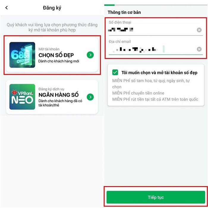 Chọn lựa mở tài khoản số đẹp và điền thông tin cơ bản