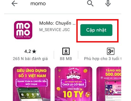 Cập nhật ứng dụng Momo