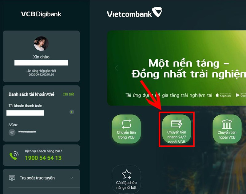 Chuyển tiền tại website Vietcombank