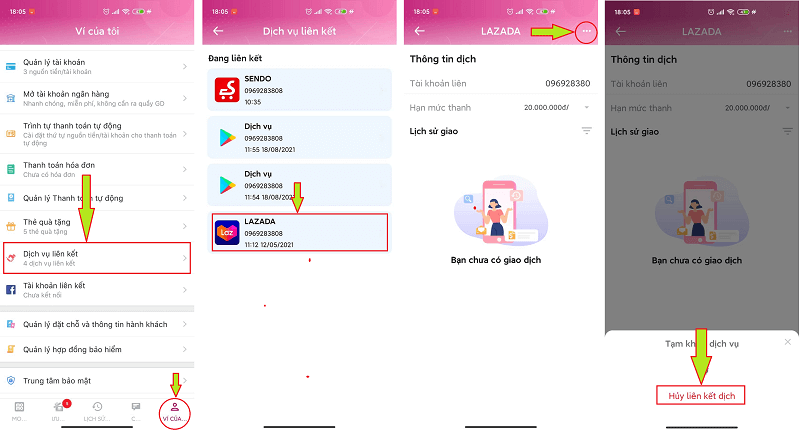 Cách hủy liên kết ví Momo trên app Momo