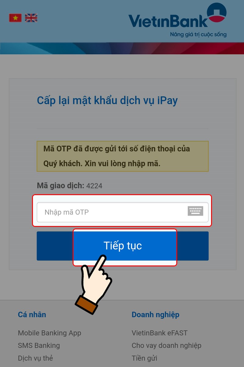 Nhập mã OTP vào ô trống web