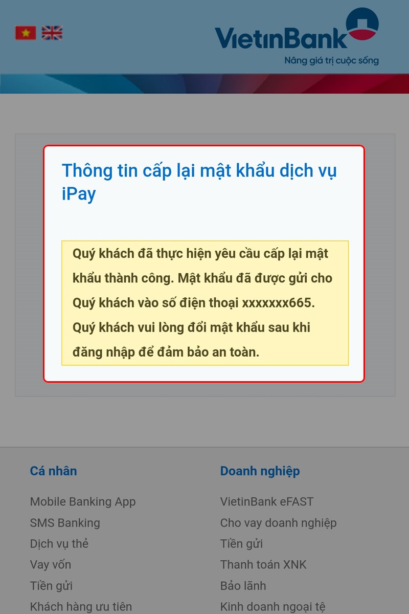 Hệ thống thông báo mật khẩu mới đã được gửi về số điện thoại