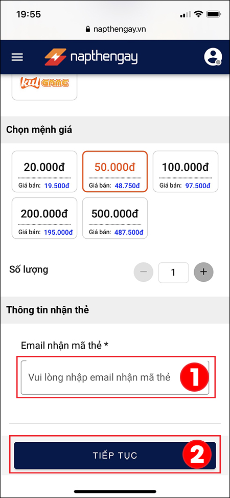 Bước 2: Nhập email nhận mã thẻ