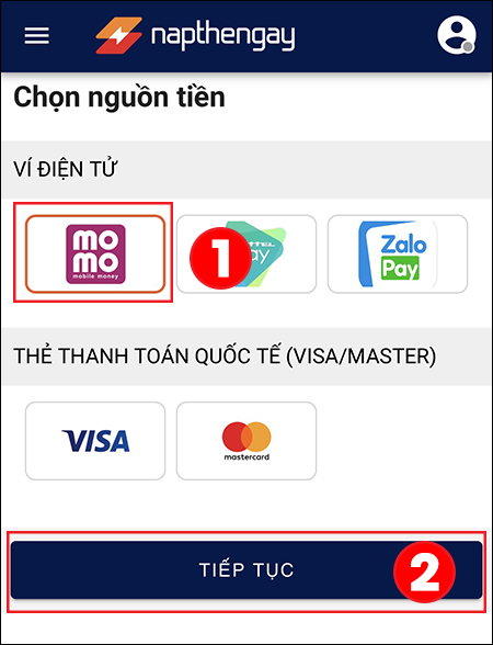 Bước 3: Chọn biểu tượng Ví Momo để thanh toán