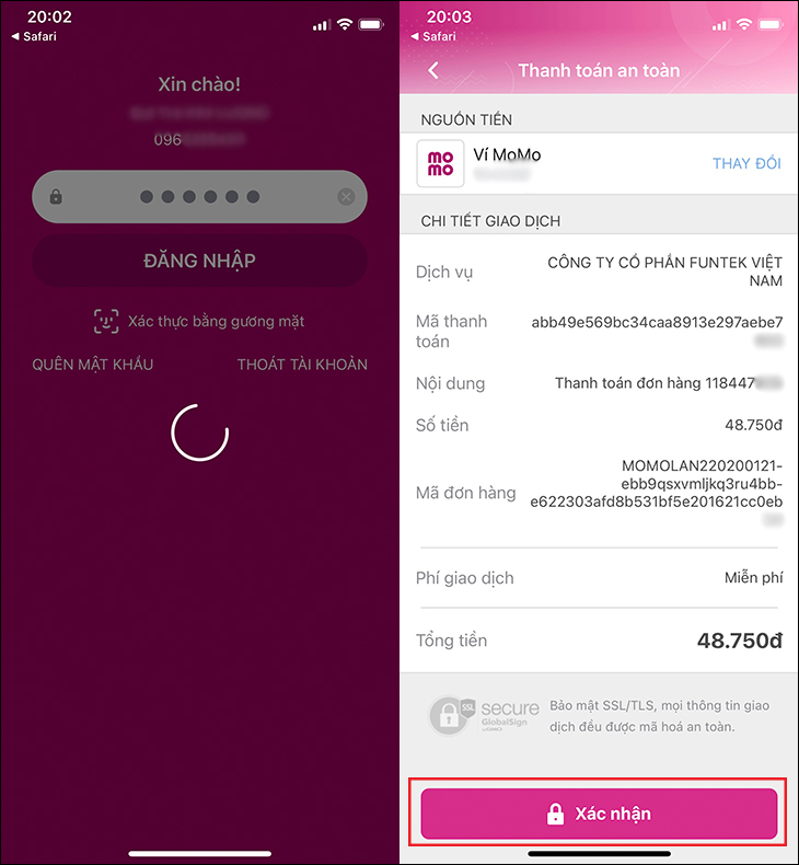 Bước 6: Đăng nhập Momo, kiểm tra lại và xác nhận thanh toán