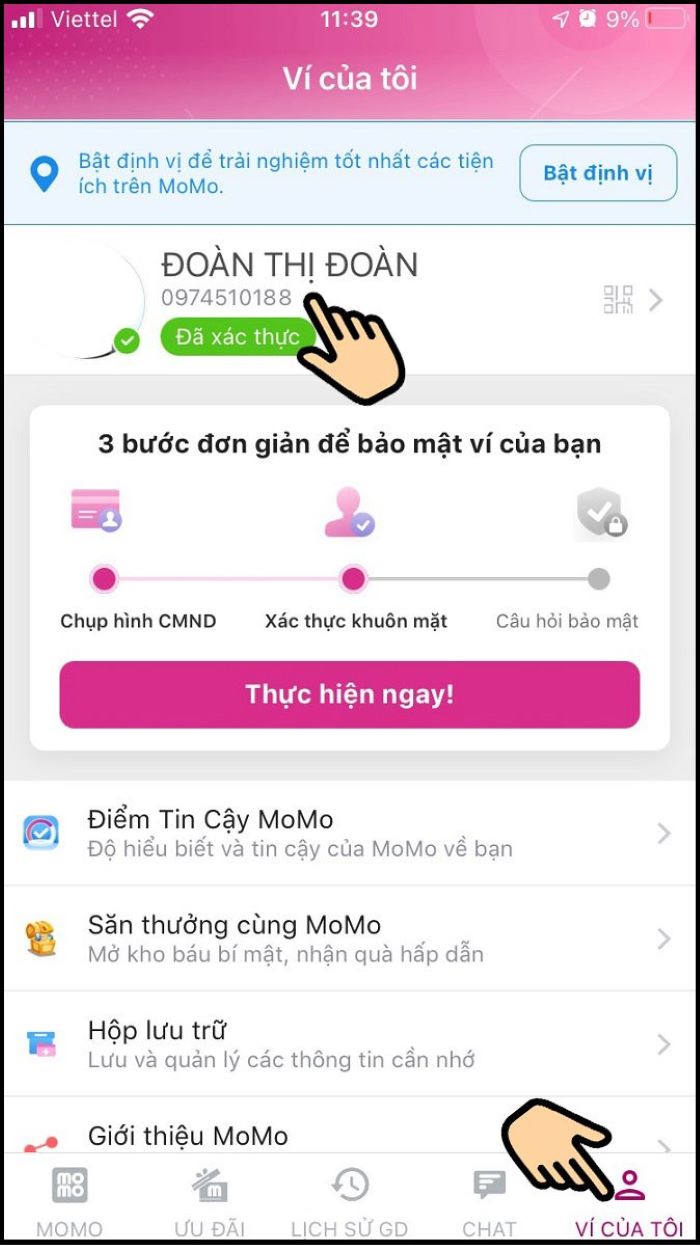 Ví momo đã được xác thực