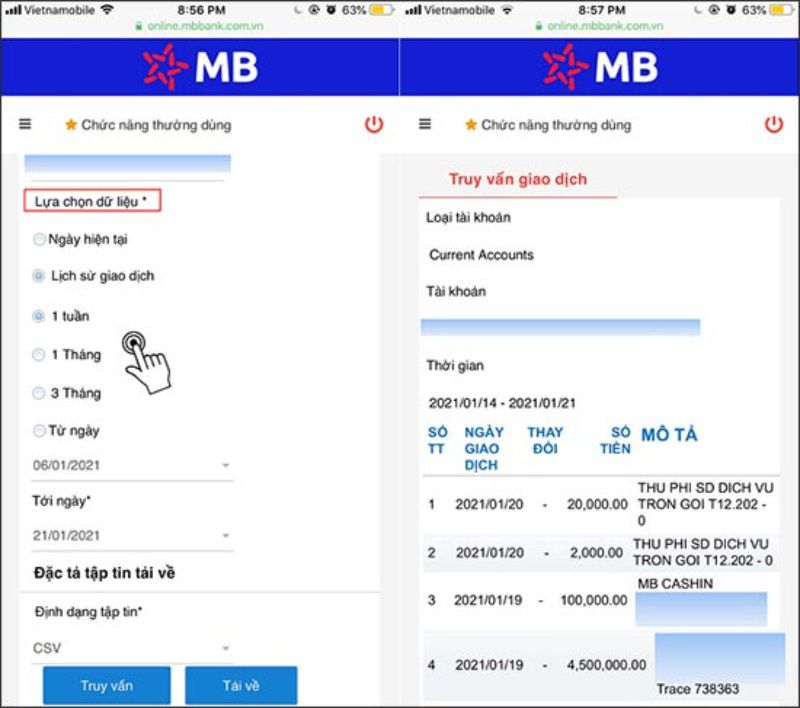 Kiểm tra lịch sử giao dịch MBBank trên website