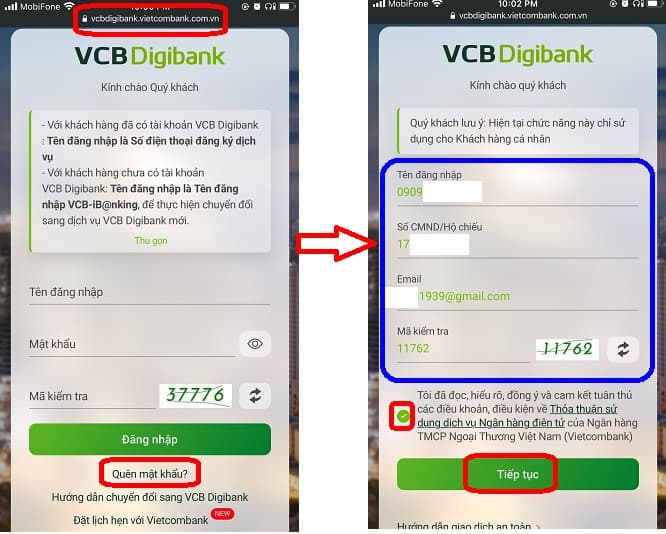 Lấy lại mật khẩu Internet Banking Vietcombank trên VCB Digibank