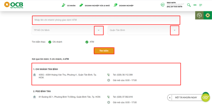 Hướng dẫn tra cứu thông tin liên hệ chi nhánh ngân hàng OCB