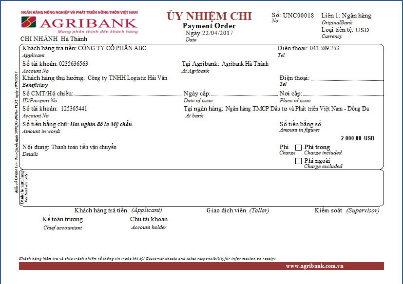 Mẫu ủy nhiệm chi Agribank