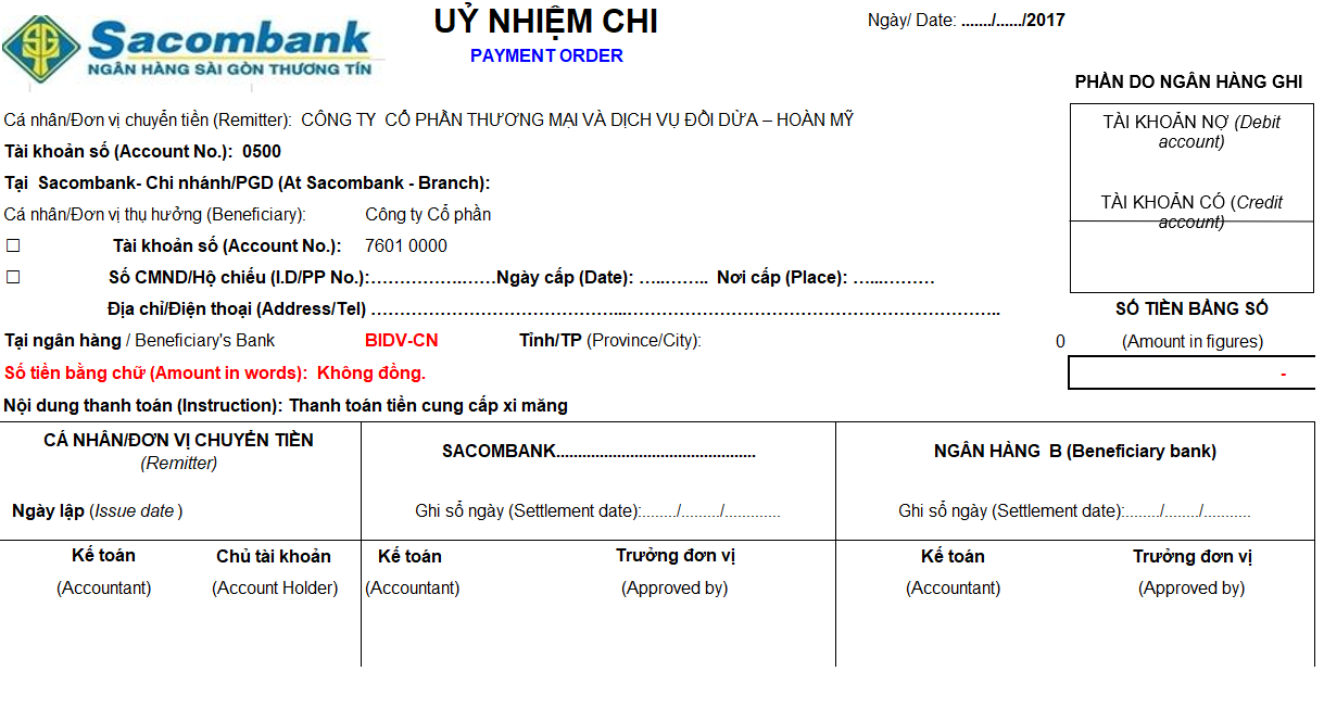 Mẫu ủy nhiệm chi Sacombank