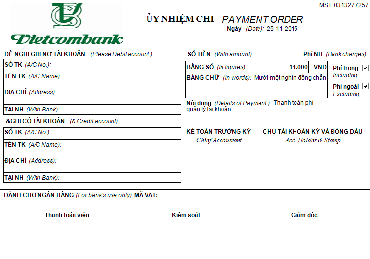 Mẫu Ủy nhiệm chi Vietcombank