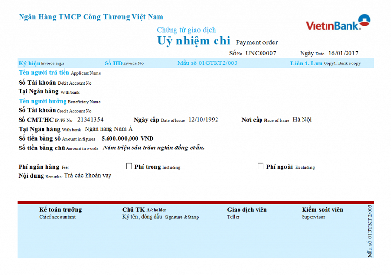 Ủy nhiệm chi (UNC) Vietinbank