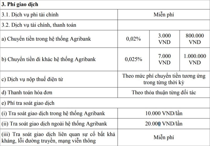 Biểu phí giao dịch Chuyển tiền Agribank trên điện thoại qua Internet Banking