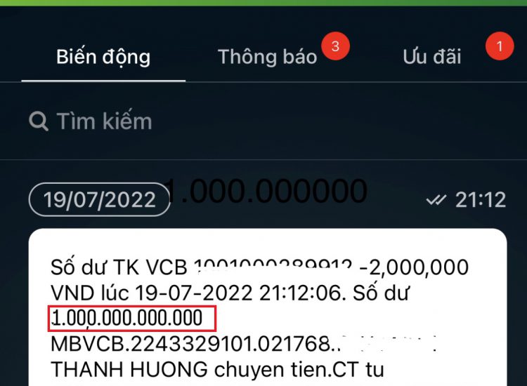 Hình ảnh số dư tài khoản Vietcombank KHỦNG