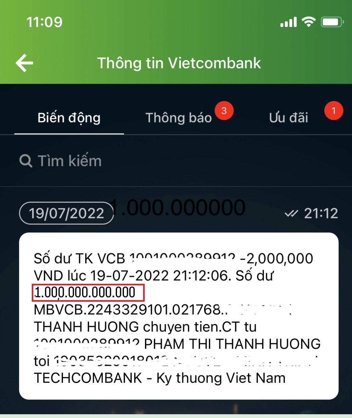 Hình ảnh số dư tài khoản Vietcombank KHỦNG