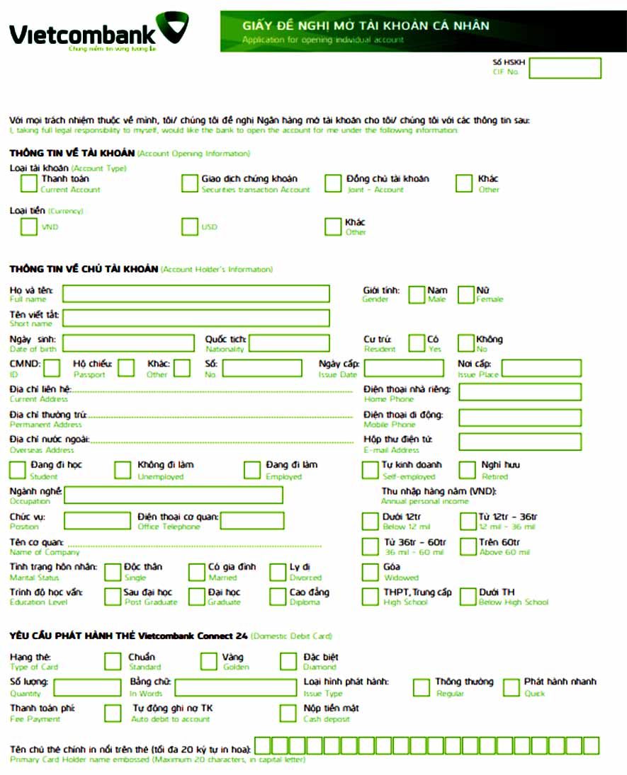 Giấy đề nghị mở tài khoản cá nhân