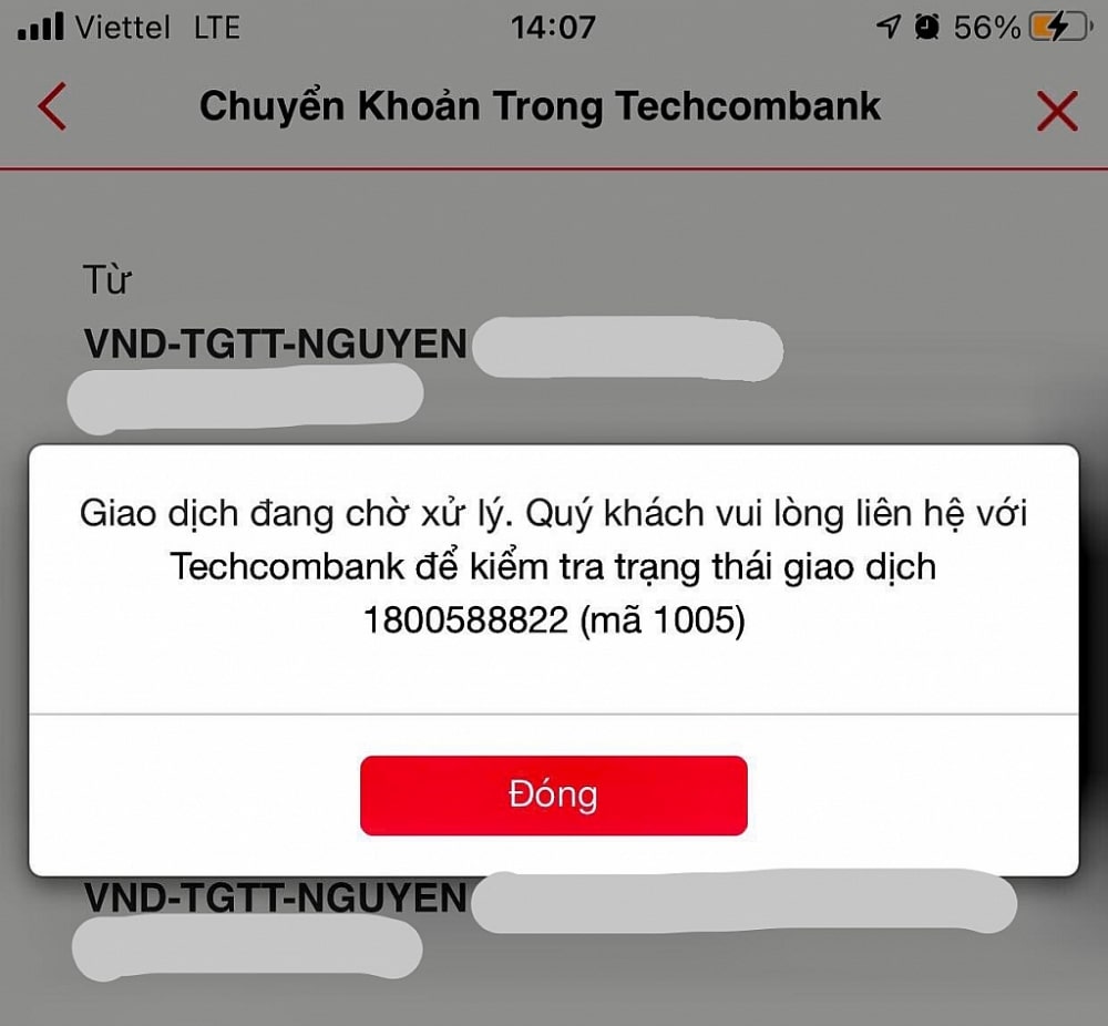 Lỗi chuyển tiền trên app Techcombank