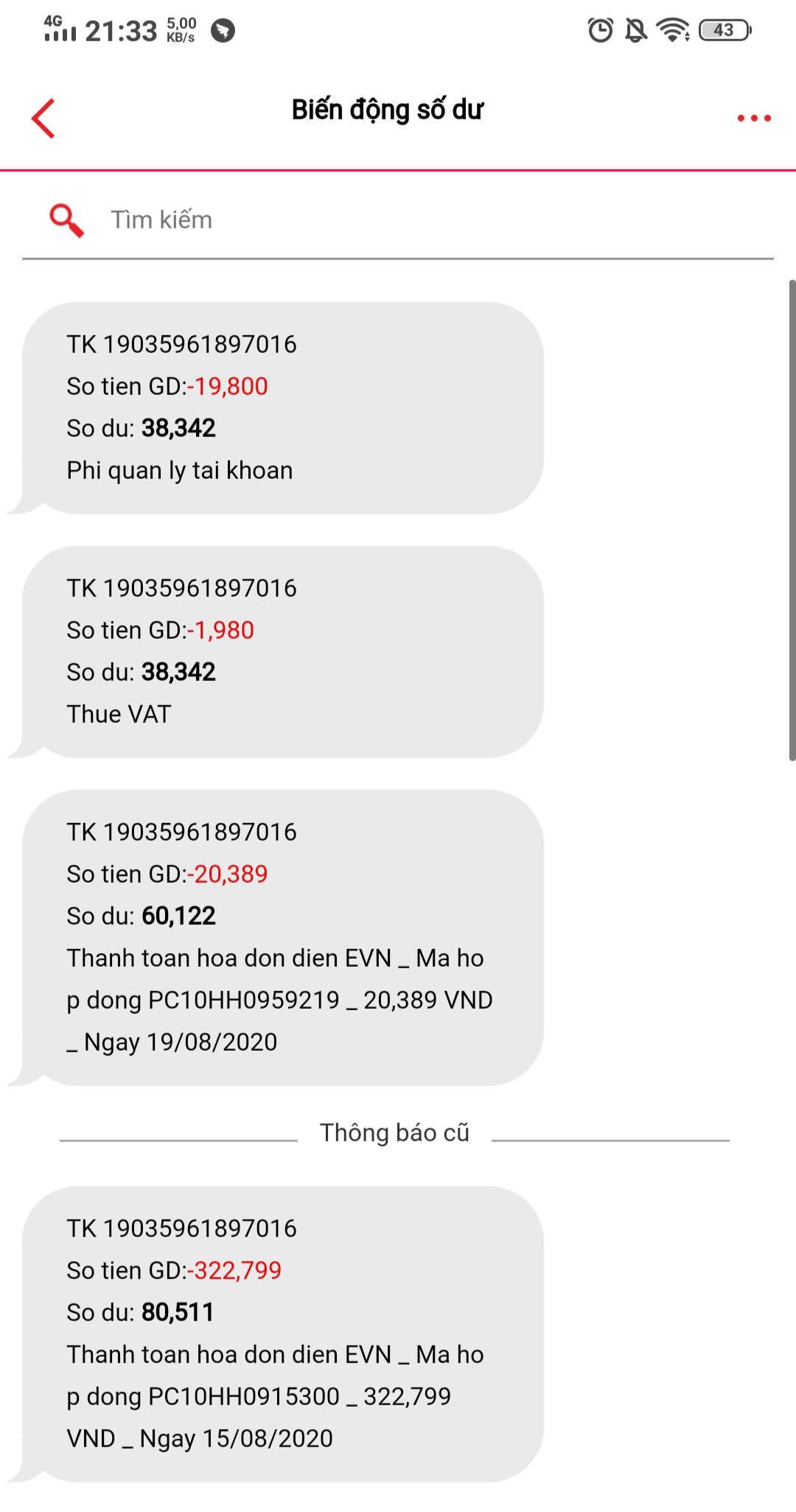 Biến động số dư Techcombank