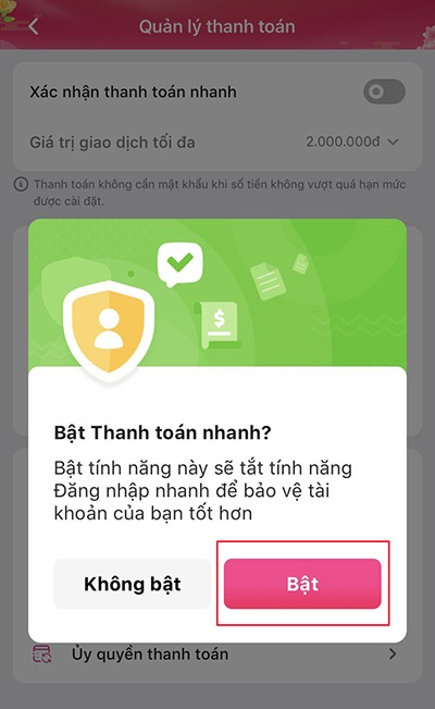 Xác nhận bật tính năng Thanh toán nhanh